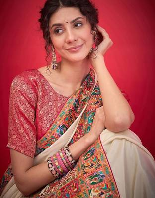 cream ethnic motifs banarasi saree 1