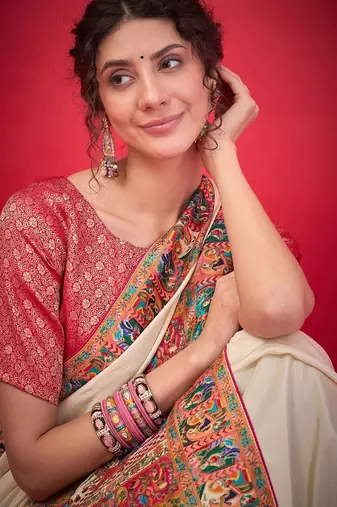 cream ethnic motifs banarasi saree