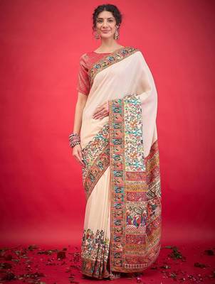 cream ethnic motifs banarasi saree 2