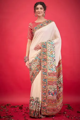 cream ethnic motifs banarasi saree