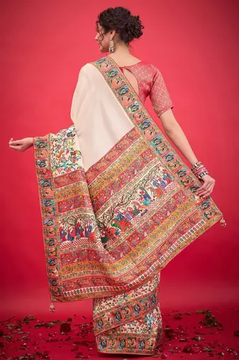 cream ethnic motifs banarasi saree