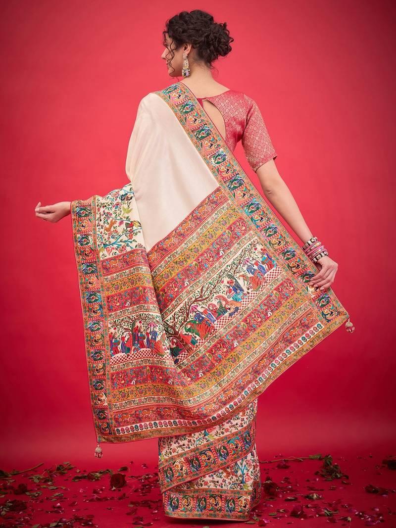 cream ethnic motifs banarasi saree