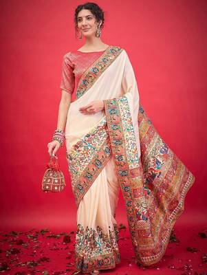 cream ethnic motifs banarasi saree 4