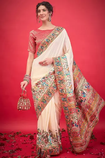 cream ethnic motifs banarasi saree