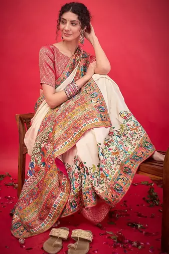 cream ethnic motifs banarasi saree