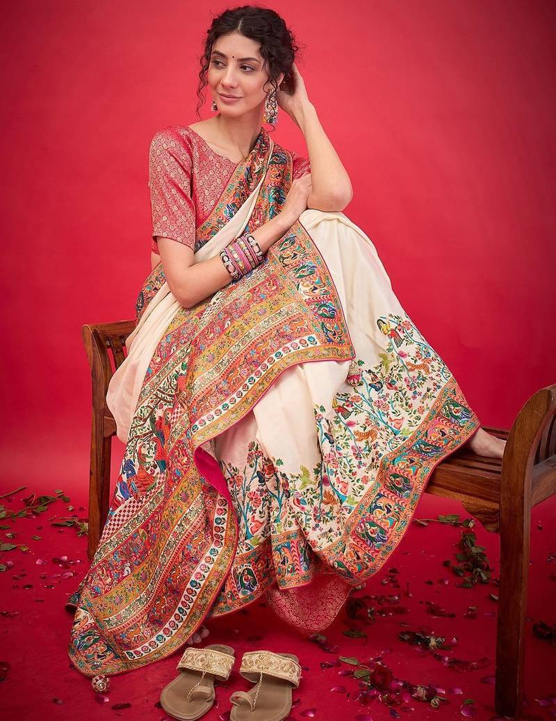 cream ethnic motifs banarasi saree