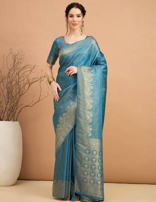 blue ethnic motifs zari satin banarasi saree 1