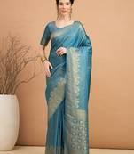 blue ethnic motifs zari satin banarasi saree