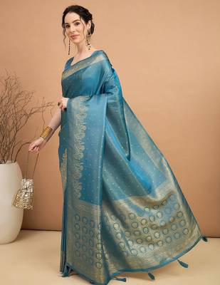 blue ethnic motifs zari satin banarasi saree 2