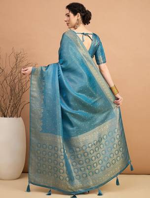 blue ethnic motifs zari satin banarasi saree 3