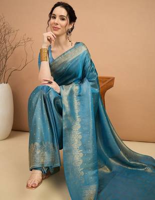 blue ethnic motifs zari satin banarasi saree 4