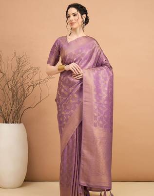 purple ethnic motifs zari satin banarasi saree 1