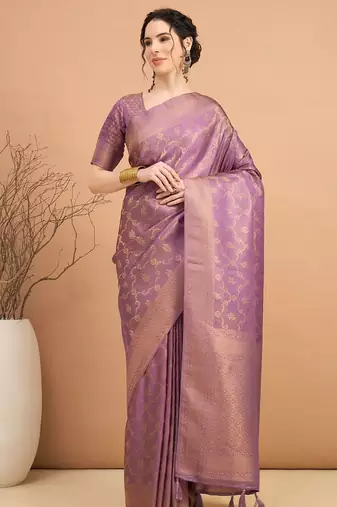 purple ethnic motifs zari satin banarasi saree