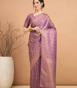 purple ethnic motifs zari satin banarasi saree