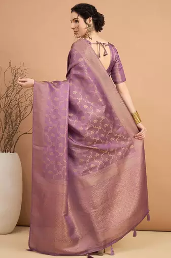 purple ethnic motifs zari satin banarasi saree