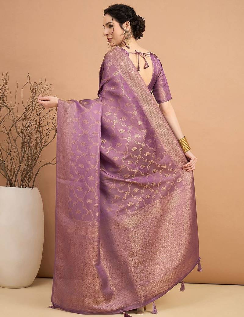 purple ethnic motifs zari satin banarasi saree