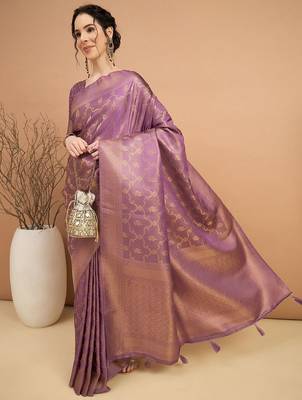 purple ethnic motifs zari satin banarasi saree 3