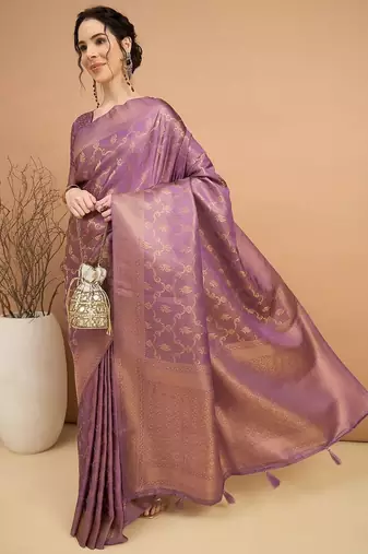 purple ethnic motifs zari satin banarasi saree