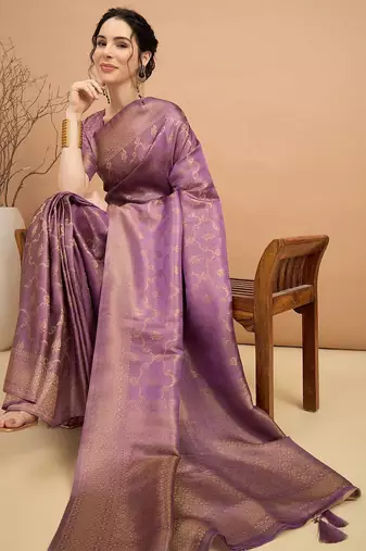 purple ethnic motifs zari satin banarasi saree