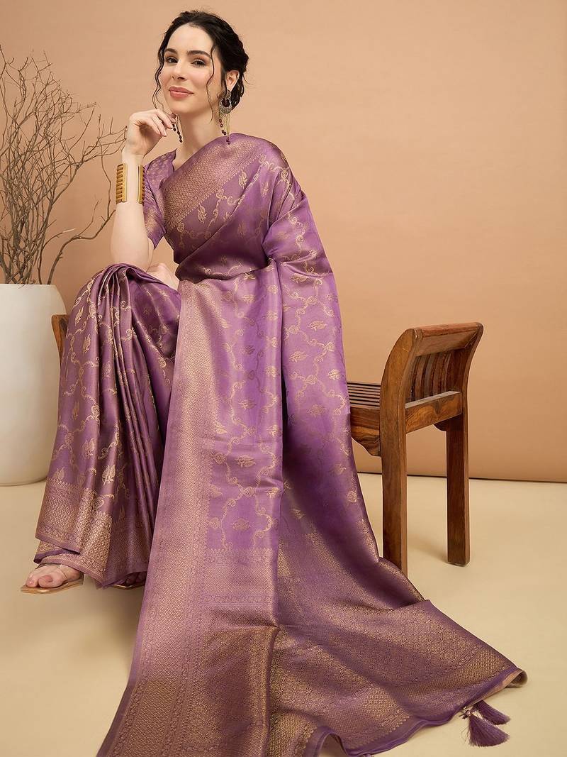 purple ethnic motifs zari satin banarasi saree