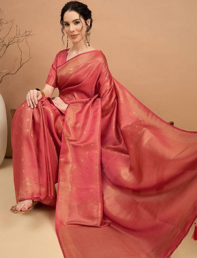 rust ethnic motifs satin designer banarasi saree