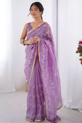 lavender embellished beads and stones silk blend saree