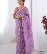 lavender embellished beads and stones silk blend saree