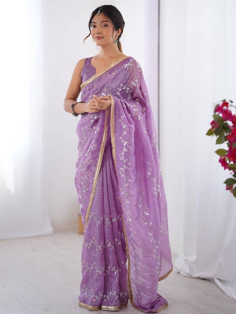 lavender embellished beads and stones silk blend saree
