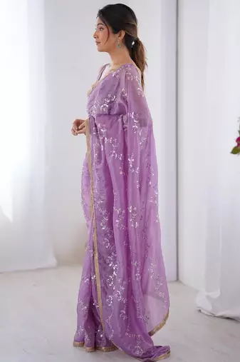 lavender embellished beads and stones silk blend saree