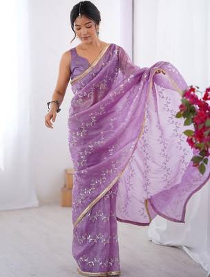 lavender embellished beads and stones silk blend saree 4