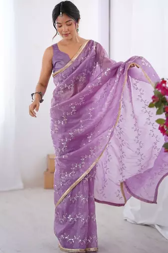 lavender embellished beads and stones silk blend saree