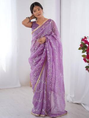 lavender embellished beads and stones silk blend saree 5