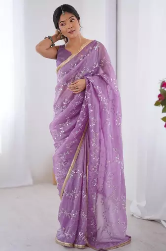 lavender embellished beads and stones silk blend saree