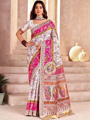 white ethnic motifs zari pashmina heavy work saree 1