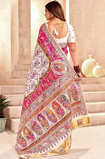 white ethnic motifs zari pashmina heavy work saree