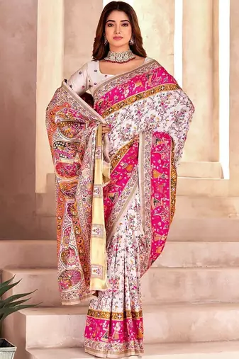white ethnic motifs zari pashmina heavy work saree