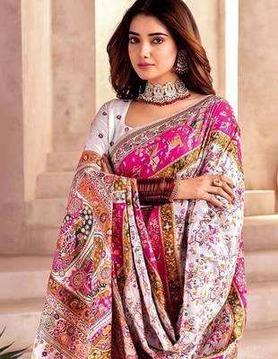 white ethnic motifs zari pashmina heavy work saree 4