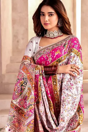 white ethnic motifs zari pashmina heavy work saree