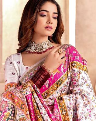 white ethnic motifs zari pashmina heavy work saree 5