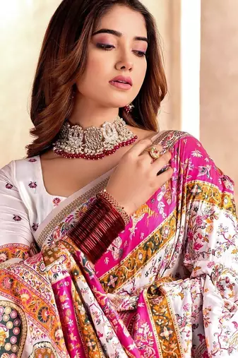 white ethnic motifs zari pashmina heavy work saree