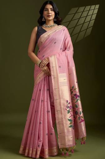 pink woven design zari handloom paithani saree