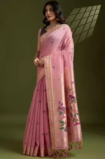 pink woven design zari handloom paithani saree