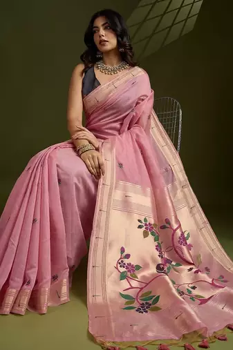 pink woven design zari handloom paithani saree