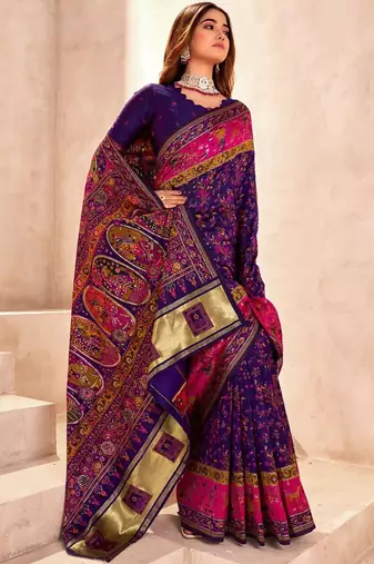 purple ethnic motifs zari pashmina saree
