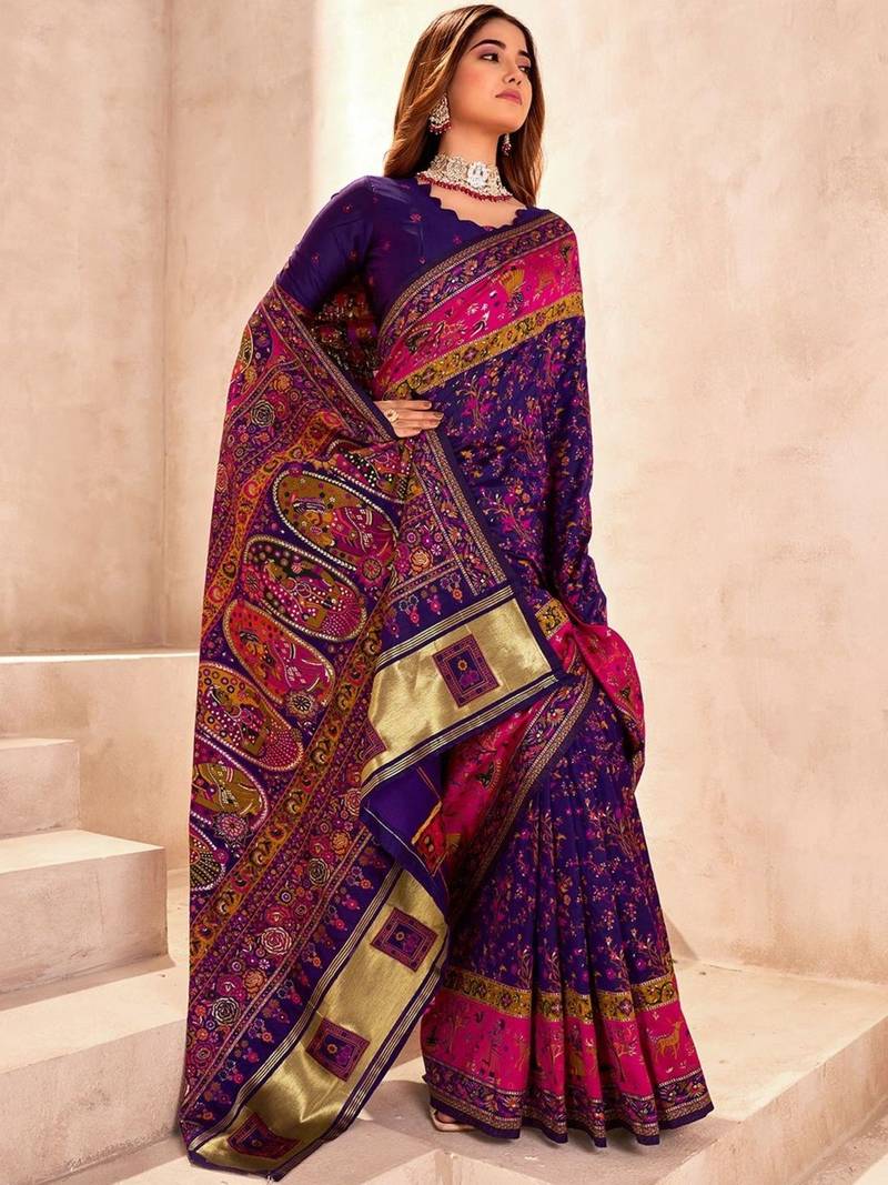 purple ethnic motifs zari pashmina saree