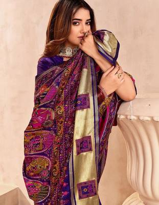 purple ethnic motifs zari pashmina saree 5