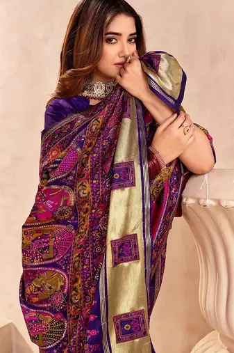 purple ethnic motifs zari pashmina saree