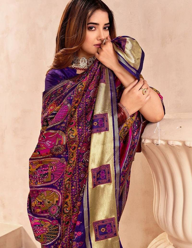 purple ethnic motifs zari pashmina saree