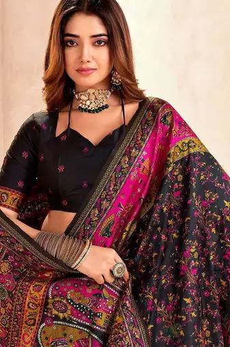 black ethnic motifs zari pashmina saree