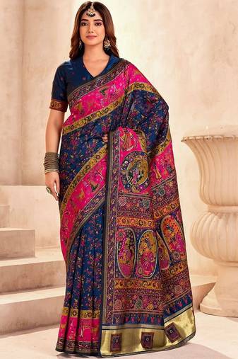 navy_blue ethnic motifs zari pashmina designer saree
